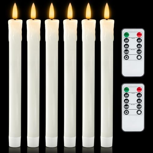 Homemory 9.6 Inches Waxy Flameless Taper Candles with Remote Timer Dimmer, Flickering LED Candlesticks, Battery Operated Window Candle for Christmas Wedding Decor, 6 Pcs White Drip Taper Candles by Homemory