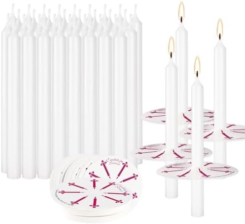 50 Pieces 5-Inch White Unscented Taper Candles with Drip Protectors for Church, Prayer, Shabbat, and Vigil Use by Aamdkcyu