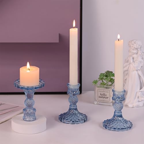 DARJEN 12Pcs 4" H Aqua Blue Candlestick Holders Set- Taper Candle Holders Bulk, Glass Candle Holders for Wedding, Party, Romantic Dinner Table Centerpieces, Festival Gifts & Windowsill Decor - Image 3