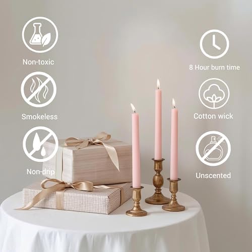 Tapered Dinner Candles, Pack of 6 – Soy & Paraffin Wax Blend, 10-Inch Dripless Taper Candles with 7-Hr. Clean Burn – Smokeless Unscented Tapers for Weddings, Dinner Tables & Home Decor – Pink Clouds - Image 4