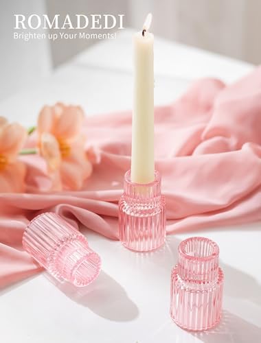 Romadedi 10-Pack Pink Ribbed Glass Taper Candle Holders, 2.76 in - Image 2