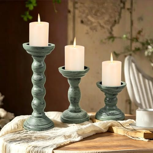 Set of 3 Candle Stick Holders Decor Rustic Wooden Candle Holder Mint Green Farmhouse Candle Stands for Table Centerpiece, Vintage Pillar Candle Holders for Living Room - Image 3