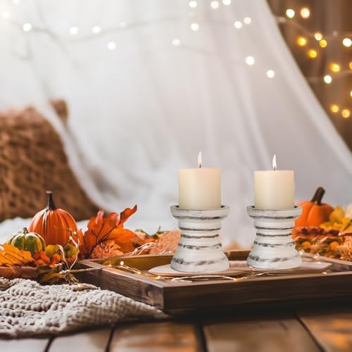 Candle Holder for Pillar Candle Set of 2, Farmhouse Wood Candle Holder, Rustic Wooden Candle Stand, Vintage Small Wooden Candlestick Holders for Living Room, Table Centerpiece, Rustic White - Image 5