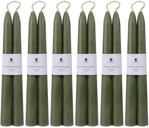 Green Beeswax Taper Candles,8" Long Candlestick,smokeless dripless unscented Natural Beeswax Candles.for Gift,Mother's Day (Green, 12 Pack) by olorvela