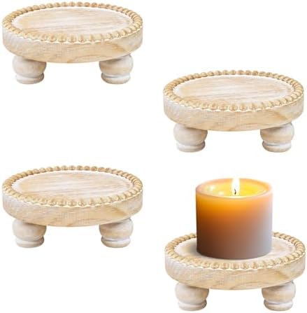 Farmhouse Round Wood Tray Riser, Pedestal Stand with Beaded Edge, Rustic Wooden Candle Trays Decor for Tiered Tray, Candle, Mug Display Decorative, Table Centerpiece, Brwon by CEDARLUX