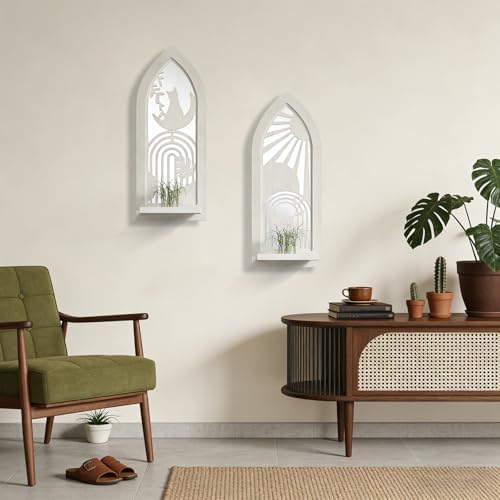 ZEXUIRU 2 Set Rustic Candle Sconces Living Room Bedroom Entryway Wood Mirrored, Farmhouse, Carved Frame Wall-Mount Wooden Candle Holders Wall Decor Hanging Handmade Holder - Distressed White - Image 6