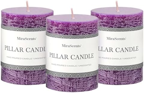 3x4 Inch Purple Pillar Candles Set of 3 - Hand-Poured Unscented Candles, Long Clean Burning, Smokeless Dripless Candle for Dinner Table, Wedding, Home, Bathroom, Advent Decor by MiraScents