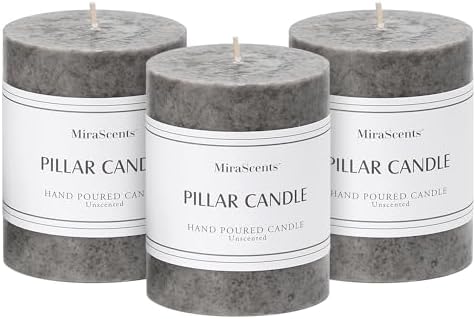 3x4 Inch Grey Pillar Candles Set of 3, Hand-Poured Unscented Pillar Candles by MiraScents