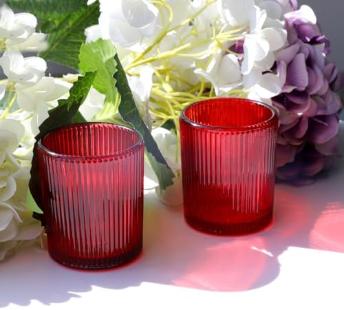 VOHO Red Candle Holders Set of 12, Ribbed Glass Votive Candle Holders Bulk - Image 4