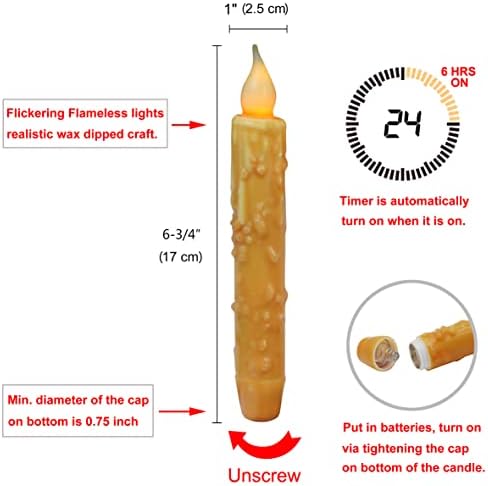 CVHOMEDECO. Real Wax Hand Dipped Battery Operated LED Timer Taper Candles Rustic Primitive Flameless Lights Decor, 6-3/4 Inch, Orange, 2 PCS in a Package - Image 6