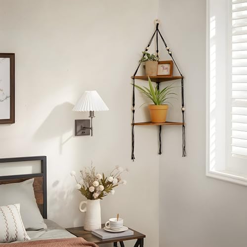 Artilady Corner Shelf Macrame Wall Hanging Balck, Boho Wood Storage Decor - Image 3