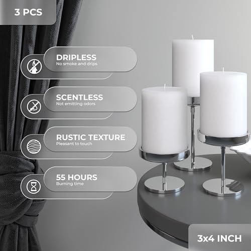 CANDWAX 3x4 inch Pillar Candles Set of 3 – Unscented Dripless Rustic White Candles for Wedding Decor, Events, Centerpieces - Image 2