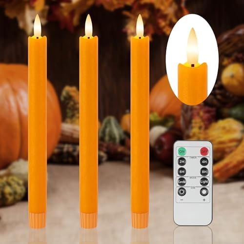 Orange Flameless Taper Candles with Remote and Timer, 9.65" Real Wax LED Candlesticks, Battery Operated Autumn Candles with 3D Flickering Flame, Thanksgiving & Halloween Table Decor, 3 Pack by SEHNSY