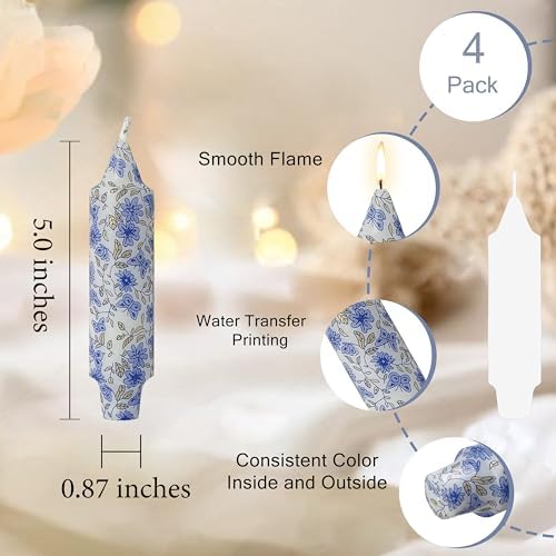 5 inch Short Blue Candle Floral Candle Sticks Printed Candlestick Handmade Unscented Taper Candle 4 Pack Flower Tapered Candles for Blue Home Dinner Wedding Holiday - Image 3