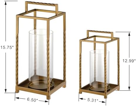 Set 2 Modern Metal Lantern with Twisted Rope-style Frame In Antique Brass with Glass Hurricane For Pillar, String Light. Centerpiece, Mantel, Ambient Lighting, Farmhouse, Transitional, Patio, Entryway - Image 2