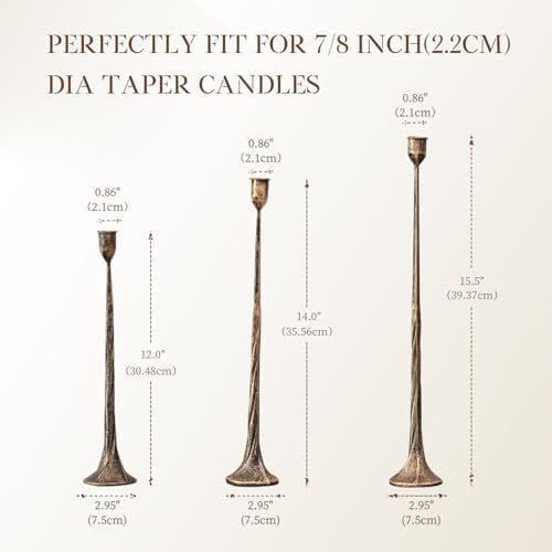 Set of 3 Candle Stick Holders, Iron Antique Gold Candlestick Holders, Fits 3/4 inch Thick Candles, Tapered Candle Holders Tall Set for Dining Table, Wedding, Home Decoration - Image 3