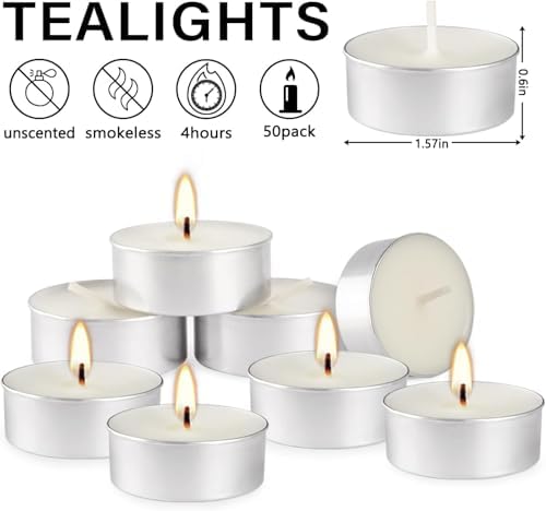 Unscented Tealight Candles 50 Pack, 4 Hours Smokeless Dripless White Mini Tea Lights Bulk for Home, Wedding, Party, Shabbat, Christmas & Emergency Use - Image 2