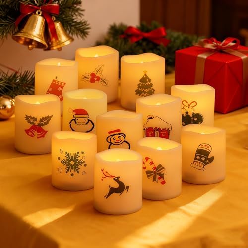 Battery Operated Flameless LED Votive Candles with Christmas Decals 12 PCS by CANDLE+CHOICE
