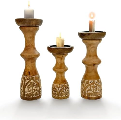 Perilla Home Wood Texture Candlestick Holders Set of 3 - Premium Candle Holders for Candlesticks, Taper Candles, Party, Anniversary, Dinning Table Vintage Candle Holder Centerpiece - (12"x10"x8") - Image 4
