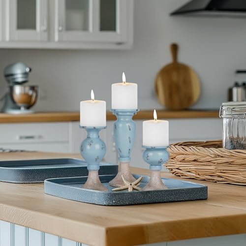 Sziqiqi Farmhouse Coastal Candle Holder: Blue Pillar Candle Holder Set of 3 - Image 4