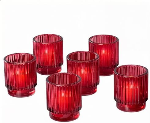 Kate Aspen Vintage Ribbed Red Glass Candle Holders Set of 6 - Votive & Tealight Candle Holder Decor for Holiday Table Decor, Christmas Dining Tablescape, Fall & Boho Home Accents (27206RD) by KateAspen