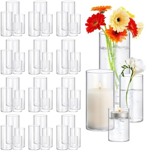 48 Pack Thick Glass Cylinder Vases 4,6,9,12 Inch Tall Clear Flower Vase Hurricane Floating Candle Holder for Table Centerpiece Wedding Home Decor by Homjoy