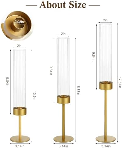 Set of 6 Ribbed Glass Hurricane Candle Holders Gold Metal Base - Image 5