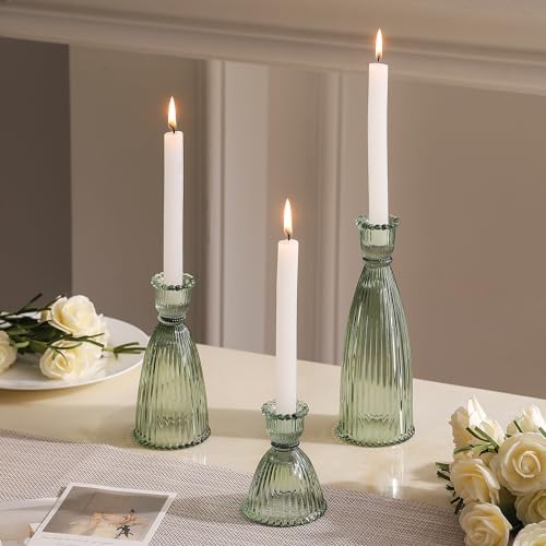 Vertical Stripe Candlestick Holders Set of 3, Premium Glass Candle Holders for Candlesticks and Taper Candles, Vintage Candle Holder Decor for Table Centerpiece, Green - Image 4