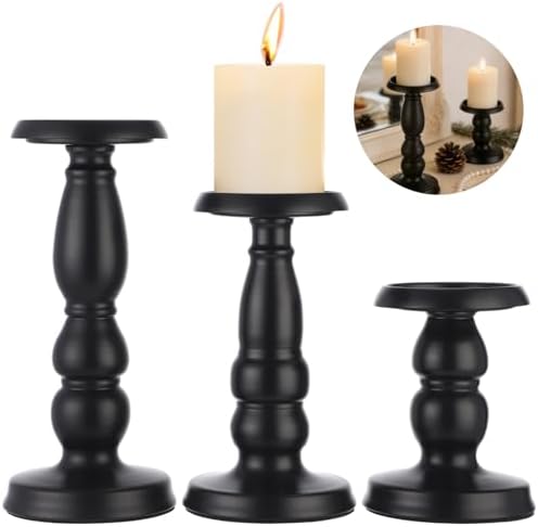 3 Pcs Black Metal Pillar Candle Holders Set, Rustic Farmhouse Iron Candlestick Holders, Decorative Candlestick for Table Centerpiece, Wedding, Home by Unknown