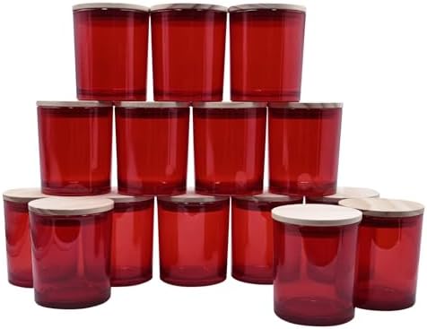 SHOWIN 10 OZ Thick Candle Jars for Making Candles 15 Pcs, Empty Jars with Wood Lids for Candle Making, Sample Container, Red by Showin