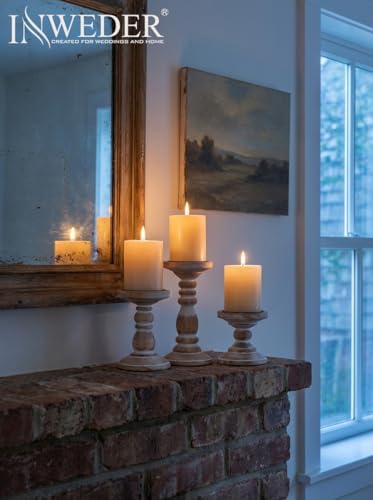 Wood Pillar Candle Holder: Rustic Distressed White Candle Stand - Image 3