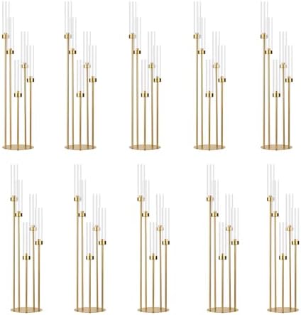 10PCS Gold Floor Candelabra,5 Arm Candle Holder Tall Floor Candle Holder with Acrylic Lampshade for Wedding Table Birthday Party Home Decoration Fit LED Taper Candles by WeddingPartyDecoration