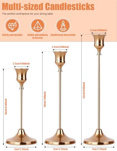Set of 3 French Gold Tapered Candle Holder,Candlestick Tall Metal Candlestick Holders for Table Centerpiece Home Decor for Wedding Fireplace Mantel Housewarming Gift Fits 3/4 Inch Thick Candles - Image 2