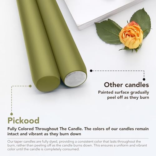 New Burning Formula Unscented Dripless 10-Inch Taper Candles Set of 12 - Olive Green, for Wedding, Dinner - Smokeless, Long Burning - Hand Poured, Colored Tall Candlesticks - Verde Oliva - Image 3