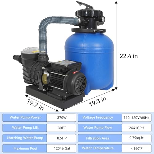 12in Sand Filter Pump with Timer, Above Ground Pool Up to 12046GAL | 1/2HP Pool Pump, 2641GPH High-Flow Cleaner Systems with 6-Way Multi-Port Valve, Durable 370W Sand Filter with 40LB Capacity