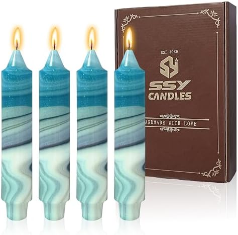 7 inch Short Candle Blue Quicksand Print Candle 4 Pack Handmade Unscented Taper Candles Printed Candlestick Smokeless Tapered Candles for Home Dinner Wedding Holiday by XINAOBAOLUO