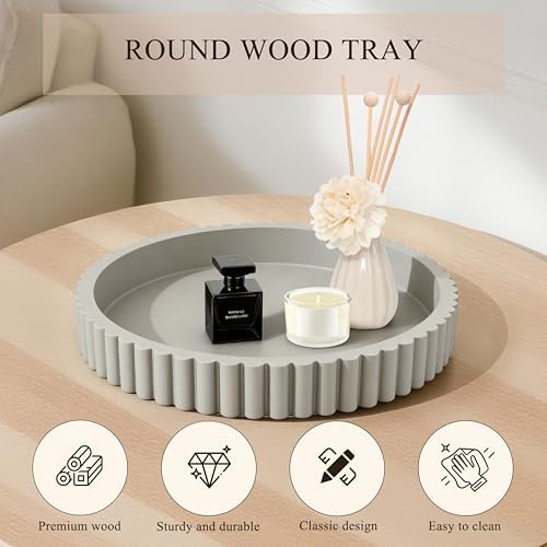 Decorative Tray for Coffee Table Decor, 11" Round Wooden Coffee Table Tray, Modern Decorative Trays for Home Decor, Living Room, Entry, Dining Room (Grey) - Image 4