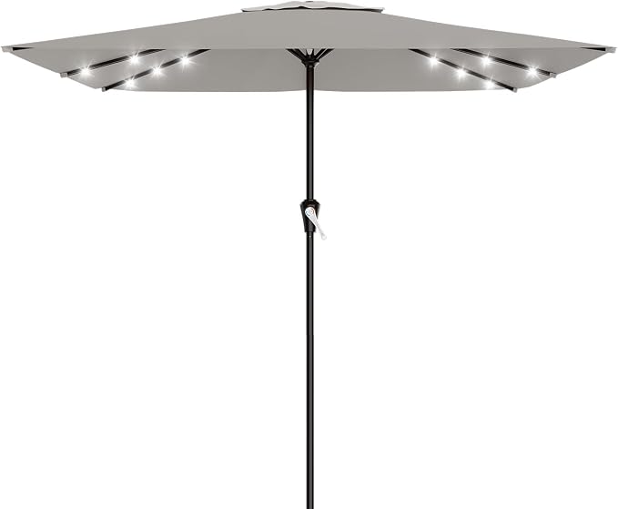 AreShark 8' X 10' Rectangular Patio Umbrella with Solar Lights, Lighted Solar Umbrella with Crank, Outdoor Table Umbrella for Garden, Deck, Backyard, Pool and Beach, Light Gray