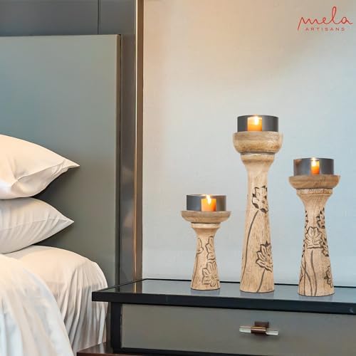 Mela Artisans Lotus Vine Wood Candle Holders - Natural Grey, Set of 3 - Image 7