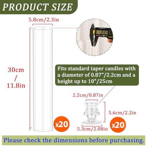 Hurricane Glass Candle Holders, Set of 20 Candlestick Holders for Taper Candles with 11.8" Tall Windproof Cylinder Cover Candle Stand Bulk for Table Centerpieces on Wedding Birthday Housewarming Decor - Image 3