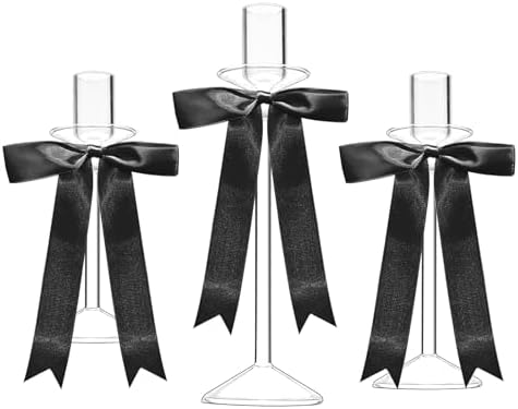 CHILL RECIPE Bow Candle Holder Glass Taper Candlestick Holders with Built-in Candle Drip Protectors Bows Decor for Table Centerpiece Wedding Party Halloween(Black) by CHIILLRECIPE