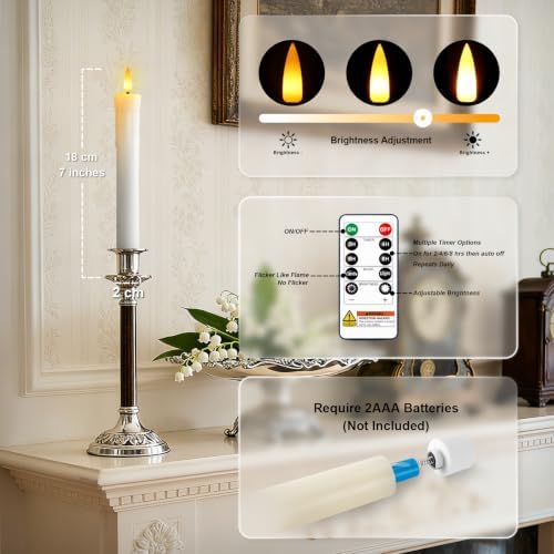 7 Inches Dripless Flameless Taper Candles with Remote Timer Dimmer, Real Wax Battery Candlesticks, 3D Flame Fake Candlesticks for Home Wedding Christmas Decor, White, 6 Pcs - Image 2