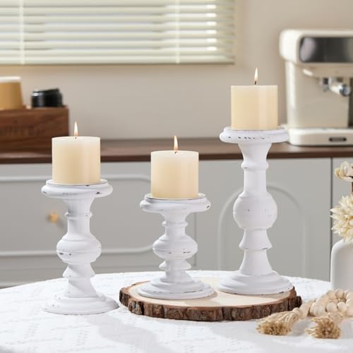 Set of 3 Rustic White Wood Pillar Candle Holder - Image 6
