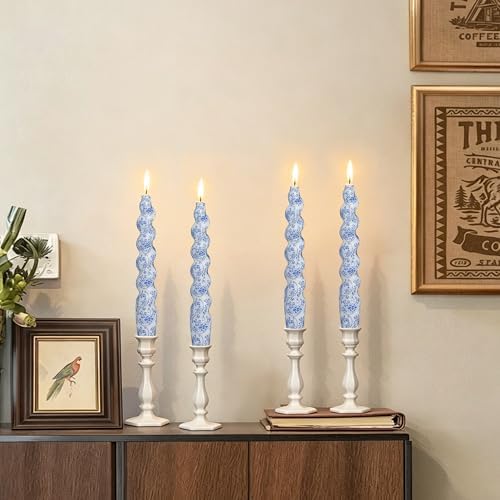 4 Pack Blue Floral Spiral Taper Candles - YUKCAXDLS Chinoiserie Unscented Candle 7.5Inch Flower Short Tapered Candlestick for Family Gatherings Weddings Restaurant Holiday Decorations - Image 4
