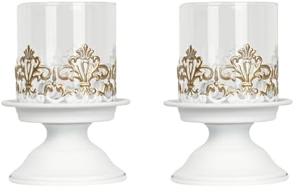 2 PCS Hurricane Candle Holder with Glass Sleeve, Gothic Metal Vintage Candle Holders, Large Table Centerpieces Candle Stand for Weddings and Events, White, S+S by LumiLoom