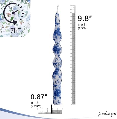 Chinoiserie Candlesticks Spiral Taper Candles - Gedengni 2pcs Blue and White Twisted Candlesticks 10 Inches Long Candle Sticks Floral Tapered Candles for Household Dinner Wedding Party (1D2T-BLUWHT) - Image 6