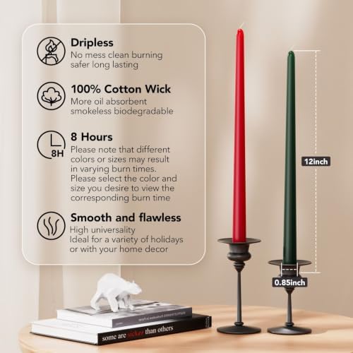 12-Inch Tall Dripless Taper Candles Set of 12 - Red and Green Tapered Candles, Perfect for Christmas - Smokeless, Unscented, Long Burning - Hand Poured, Colored Tall Candlesticks - Christmas - Image 2