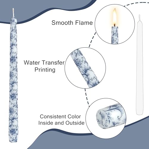 Handmade Printed Candles 10 in Long Candle Sticks Unscented Candle Blue and White Porcelain Pattern Candles for Home Wedding Dinner Holiday Party - Image 3