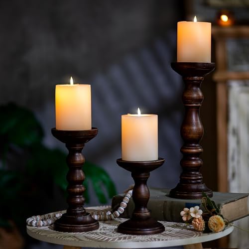 Romadedi Wood Pillar Candle Holders, Dark Brown Solid Wood, Set of 3 - Image 4