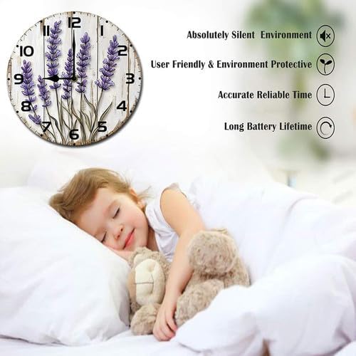 Lavender Flower Wooden Silent Non-Ticking 10 Inch Round Clocks Battery Operated Analog for Living Room Kitchen Bedroom Bathroom Office Home School Decor
